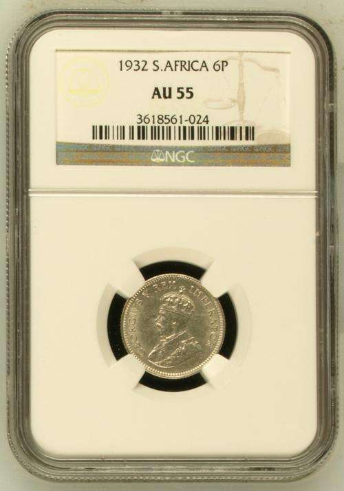 1932 Six Pence (6P) - NGC Graded AU55 - R1 Start - Hern's UNC Value = R2,000.00